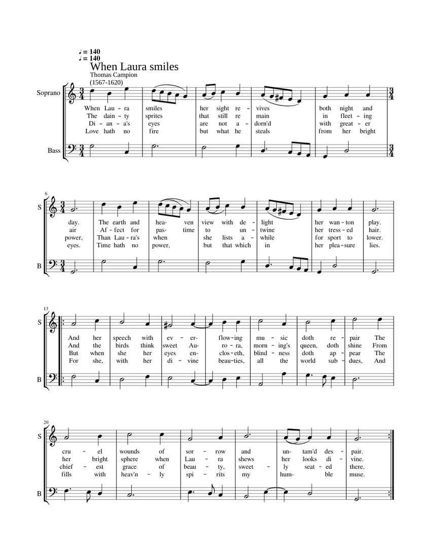 When Laura smiles - Thomas Campion Sheet Music for Bass