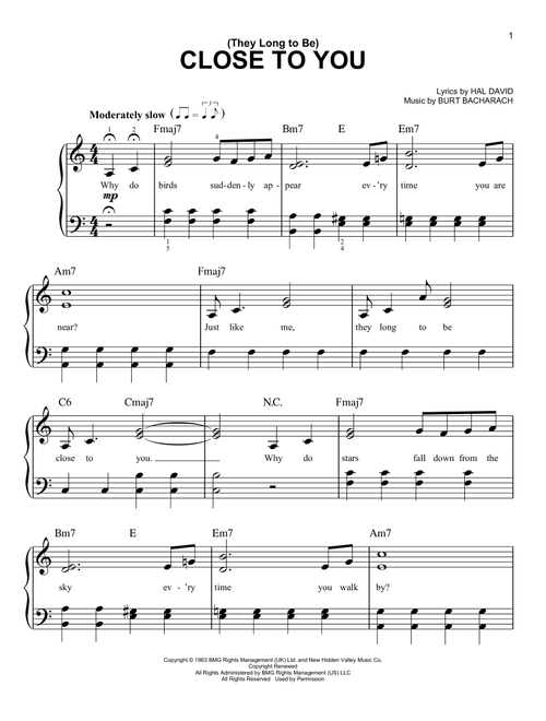 (They Long To Be) Close To You - Carpenters (Very Easy Piano)