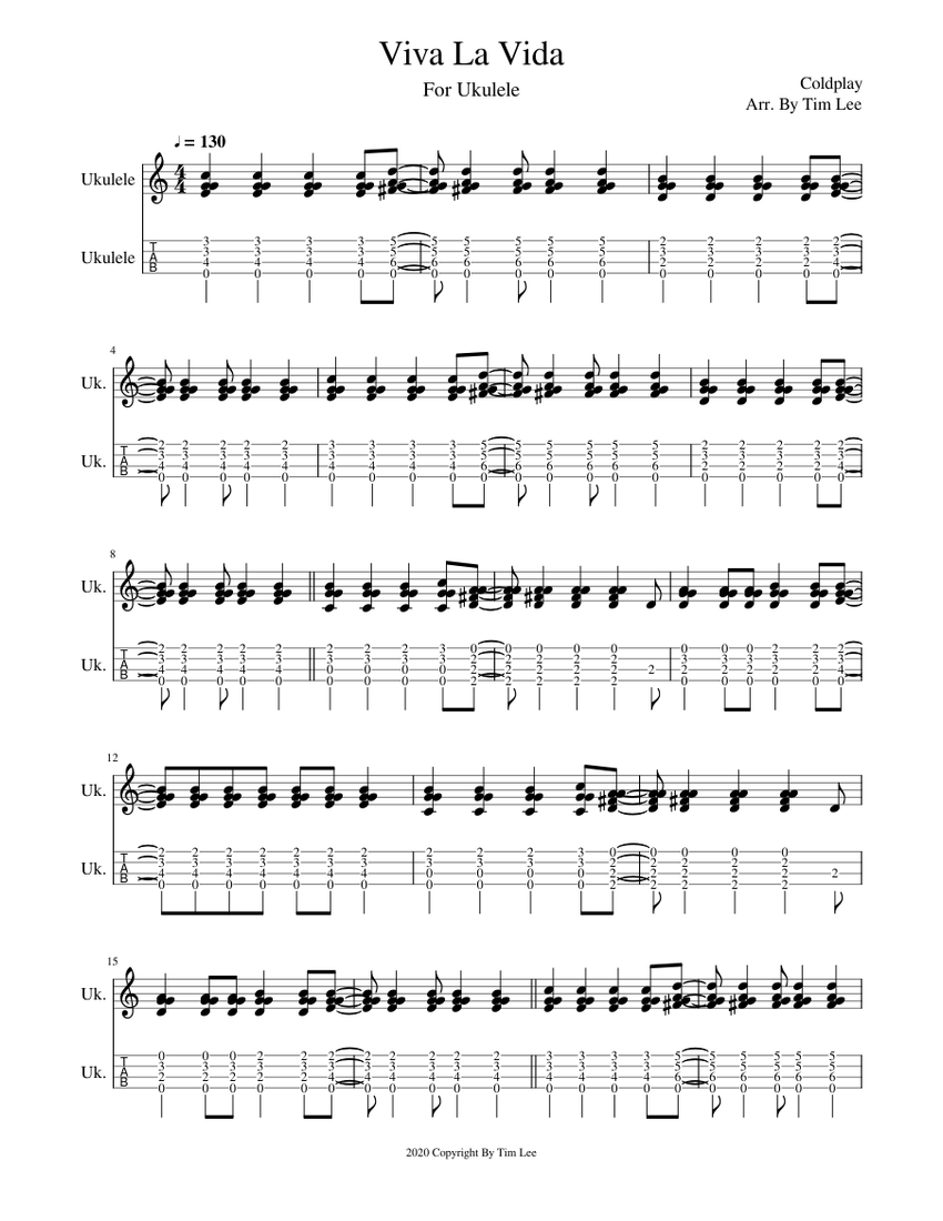 Viva La Vida - Ukulele Fingerstyle Arrangement Sheet Music and Tab for