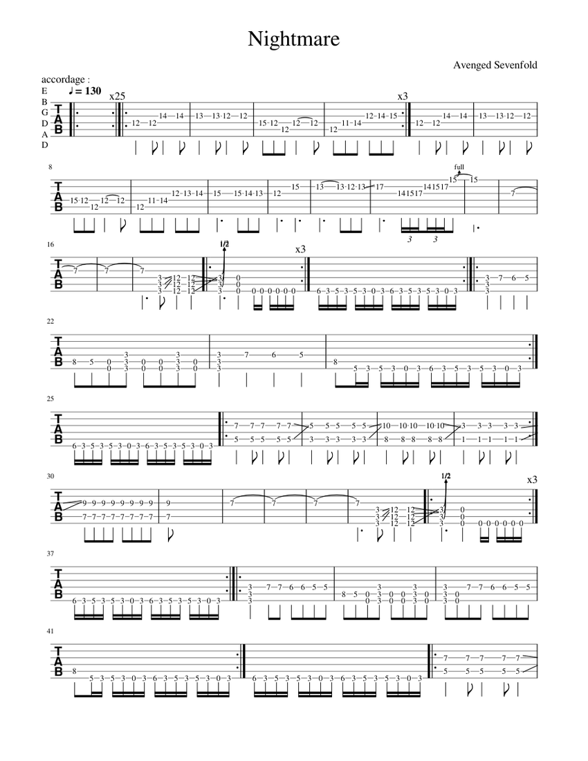 Avenged Sevenfold - Nightmare Sheet Music and Tab for Guitar
