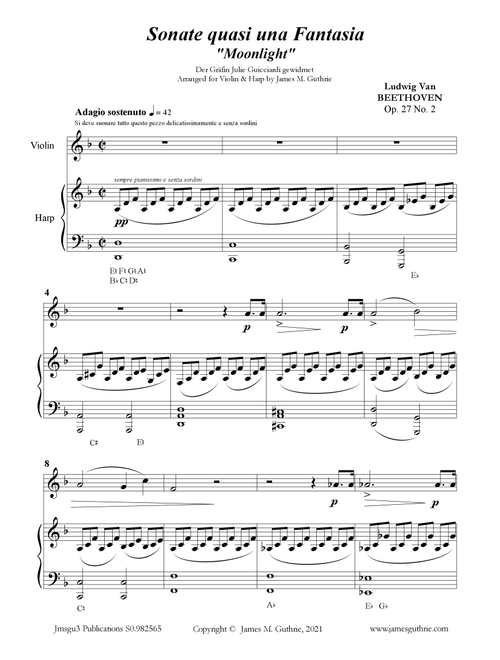 Beethoven: Adagio from the Moonlight Sonata for Violin & Harp (Arr. James M. Guthrie) (Instrumental Duet)