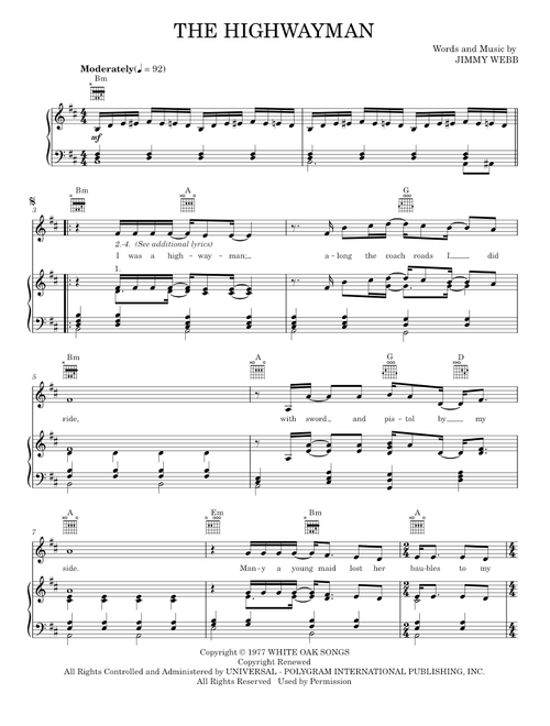 The Highwayman - Jimmy Webb, Johnny Cash, Kris Kristofferson, The Highwaymen, Waylon Jennings, Willi (Piano-Vocal-Guitar)