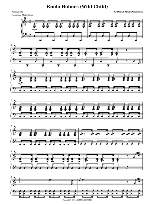 Enola Holmes (Wild Child) (Arr. Rosemary Abetz-Rouse) - Daniel Alexis Pemberton (Easy Piano)