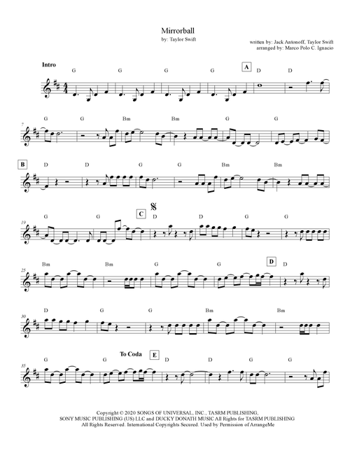 Mirrorball (Arr. Marco Polo C. Ignacio) - Taylor Swift (Lead Sheet - Fake Book)