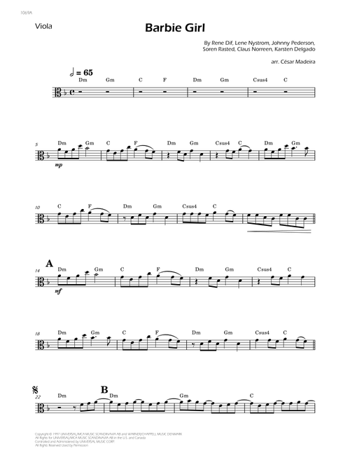 Barbie Girl (Arr. César Madeira) - Aqua (Viola Solo)