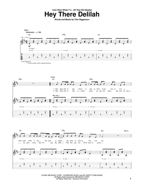 Hey There Delilah - Plain White Ts (Guitar Tab)