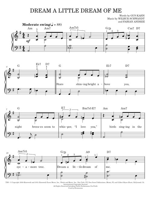 Dream A Little Dream Of Me - Louis Armstrong, The Mamas & The Papas (Easy Piano)