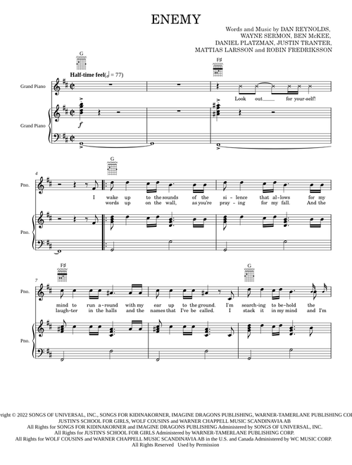 Enemy – Imagine Dragons (Piano-Vocal-Guitar)