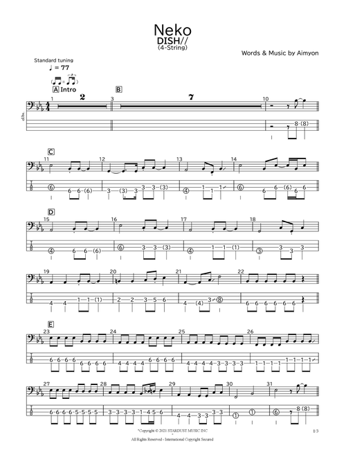 Neko (Arr. bassscore.masspro) - Dish// (Bass Tab)