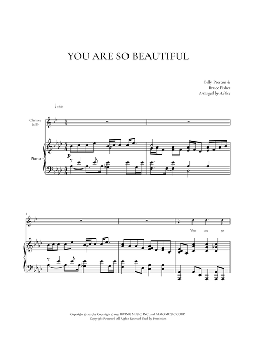 You Are So Beautiful (Arr. Phee) - Joe Cocker (Clarinet and Piano)