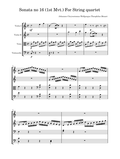 Piano Sonata No. 16 in C Major, K545, 1st Movement – Wolfgang Amadeus Mozart Sonata No. 16 (1st Mvt. Allegro) - Mozart K. 545 (For String quartet)