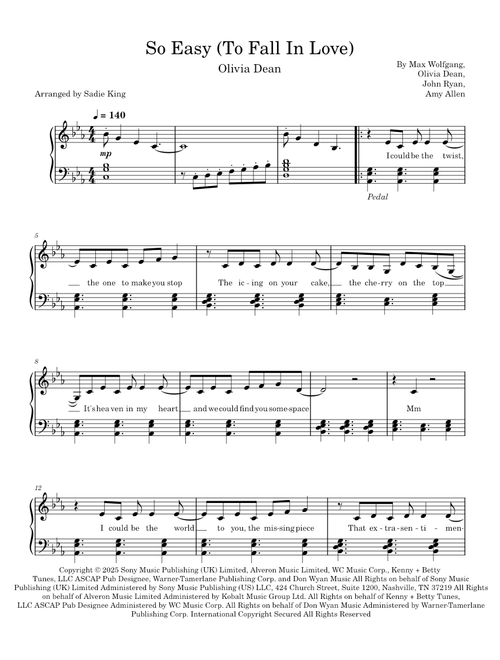 So Easy – Olivia Dean - Intermediate Piano