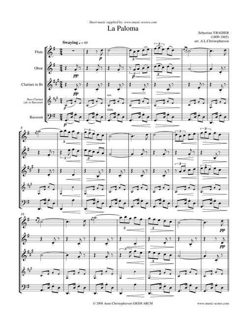 La Paloma - Wind Quartet for Flute, Oboe, Clarinet, and Bassoon or Bass Clarinet. (Arr. Anne L Christopherson GRSM ARCM) - Yradier, Sebastian (Woodwind Ensemble)