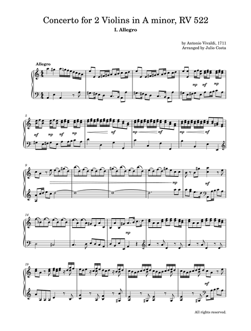 Vivaldi - Allegro from Concerto in A minor Op. 3 No. 8 (RV 522) (Arr. Julio Costa) - Antonio Vivaldi (Piano Solo)