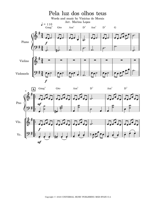 Pela Luz Dos Olhos Teus (Arr. Marina Lopes) - Vinicius de Moraes (Instrumental Duet and Piano)