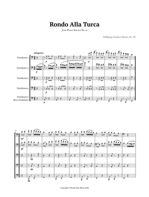 Rondo Alla Turca by Mozart for Trombone Quintet (Arr. Ander) (Brass Ensemble)