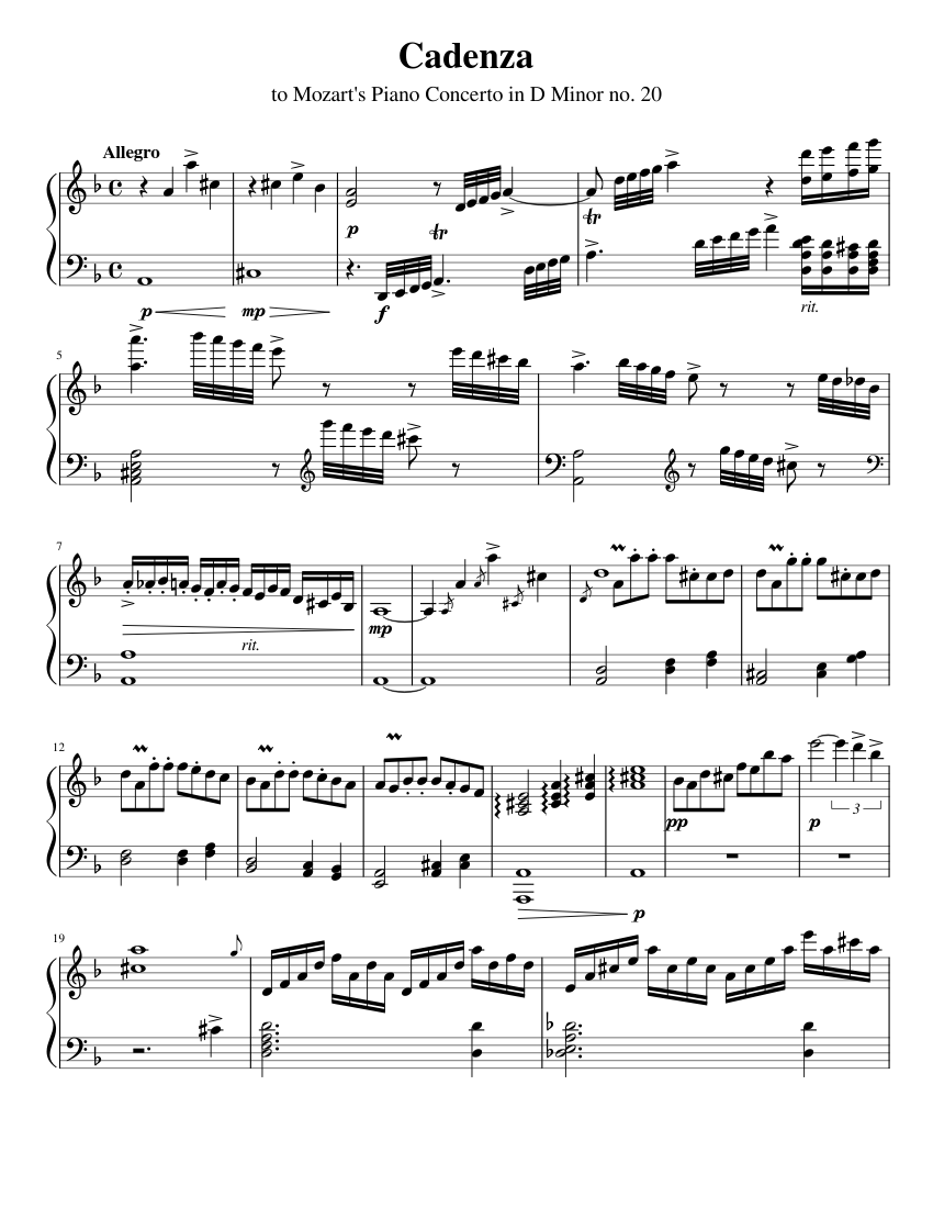 My written cadenza on Mozart's 20th Piano Concerto Sheet