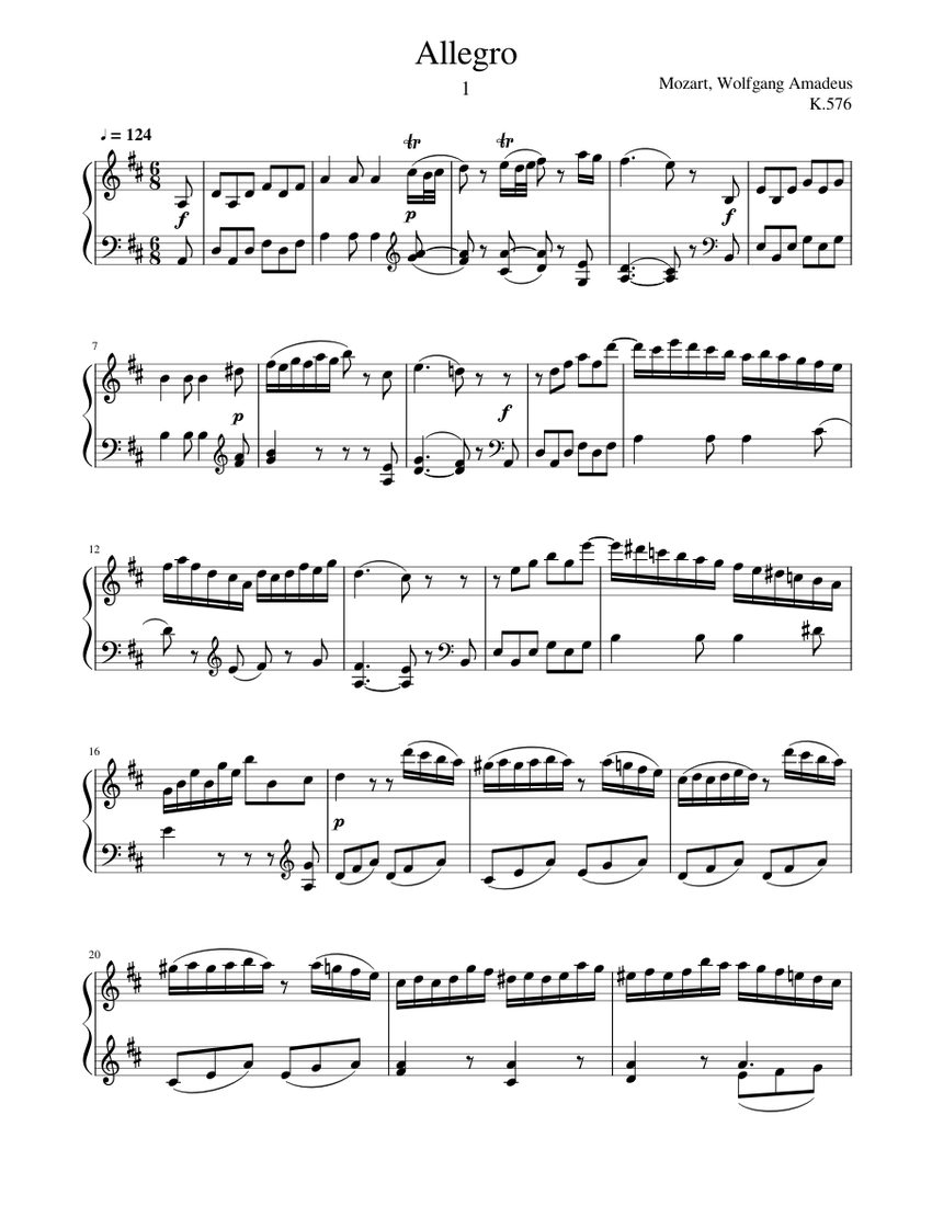 Mozart Piano Sonata No.18 in D major, K.576 Sheet music for Piano