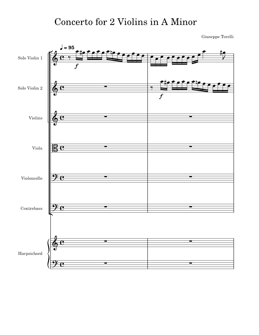 Torelli - Concerto for 2 Violins in A Minor Sheet Music for Harpsichord ...