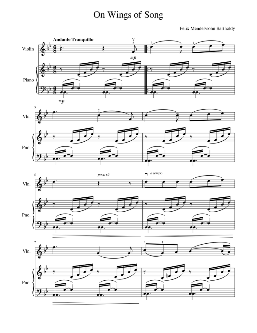 On Wings Of Song – Felix Mendelssohn Sheet Music for Piano, Violin ...