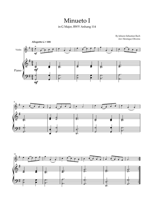 Minueto I in G Major, BWV Anhang 114 (Violin and Piano) (Arr. Henrique Oliveira) - Johann Sebastian Bach (Violin and Piano)