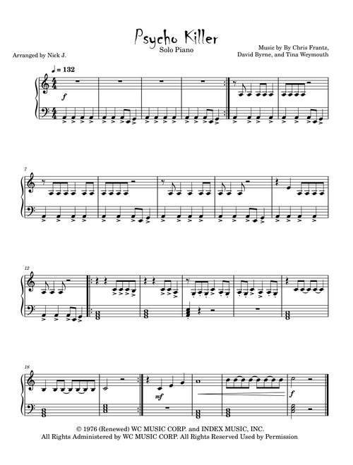 Psycho Killer (Arr. Nick J) - Talking Heads (Piano Solo)