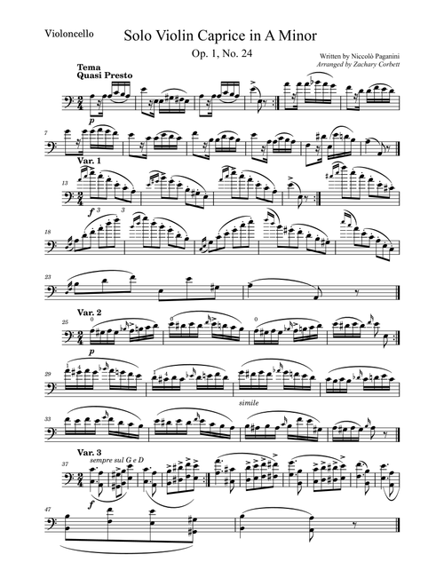 Solo Violin Caprice No. 24 in A Minor arranged for Cello (Arr. Zachary Corbett) - Niccolo Paganini (Cello Solo)