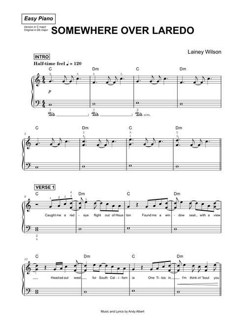 Somewhere Over Laredo - Lainey Wilson (Easy Piano)