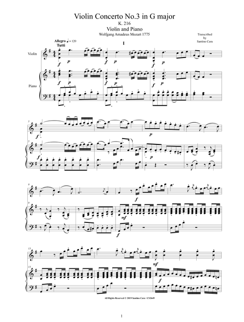 Mozart - Violin Concerto No.3 in G major K 216 for Violin and Piano - Score and Part (Arr. Santino Cara) - Wolfgang Amadeus Mozart (Violin and Piano)