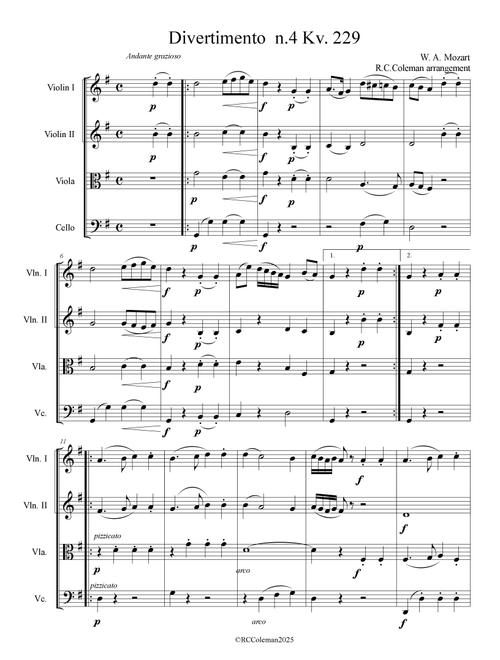 Mozart Divertimento kv. 229 n4 for Strings quartet (Arr. R. C. Coleman) - W A Mozart (String Quartet)
