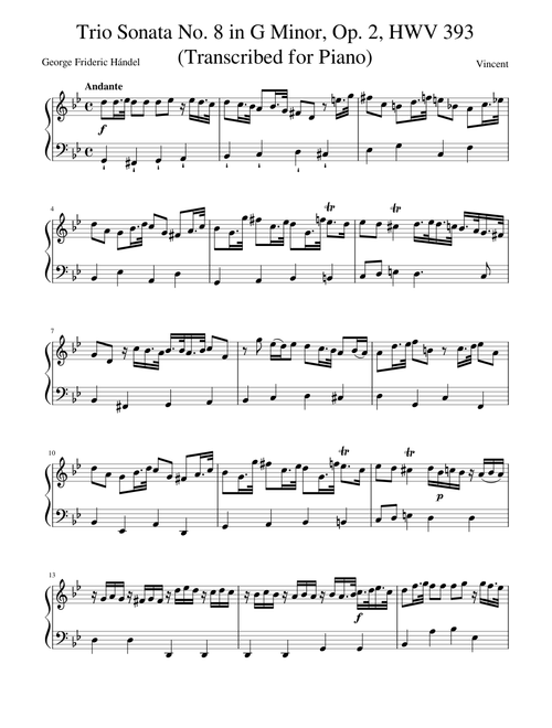 Hándel - Trio Sonata No. 8 in G Minor, Op. 2, HWV 393 (Transcribed for Piano)