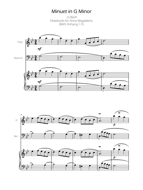 Minuet in G minor BWV Anh. 115 - Bach - Flute and Basson (Arr. Ygor Nunes Silva) - Johann Sebastian Bach (Instrumental Duet and Piano)