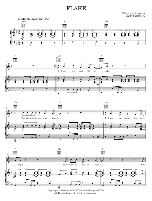 Flake - Jack Johnson (Piano-Vocal-Guitar)