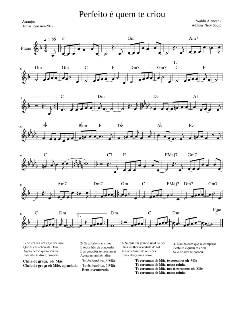 Perfeito e quem te criou Piano Letra Sheet Music with Chords for Piano ...