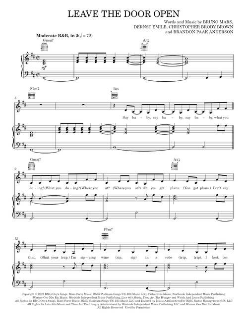 Leave The Door Open - Anderson .Paak, Bruno Mars, Silk Sonic (Piano-Vocal-Guitar)