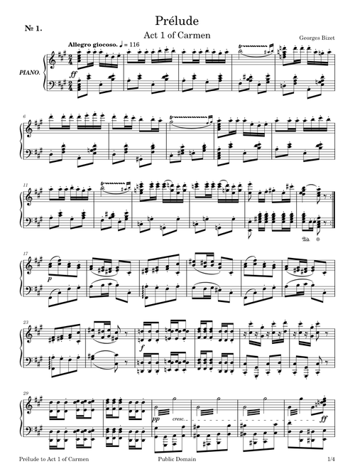 Prélude to Act 1 of Carmen - Piano Solo - Bizet