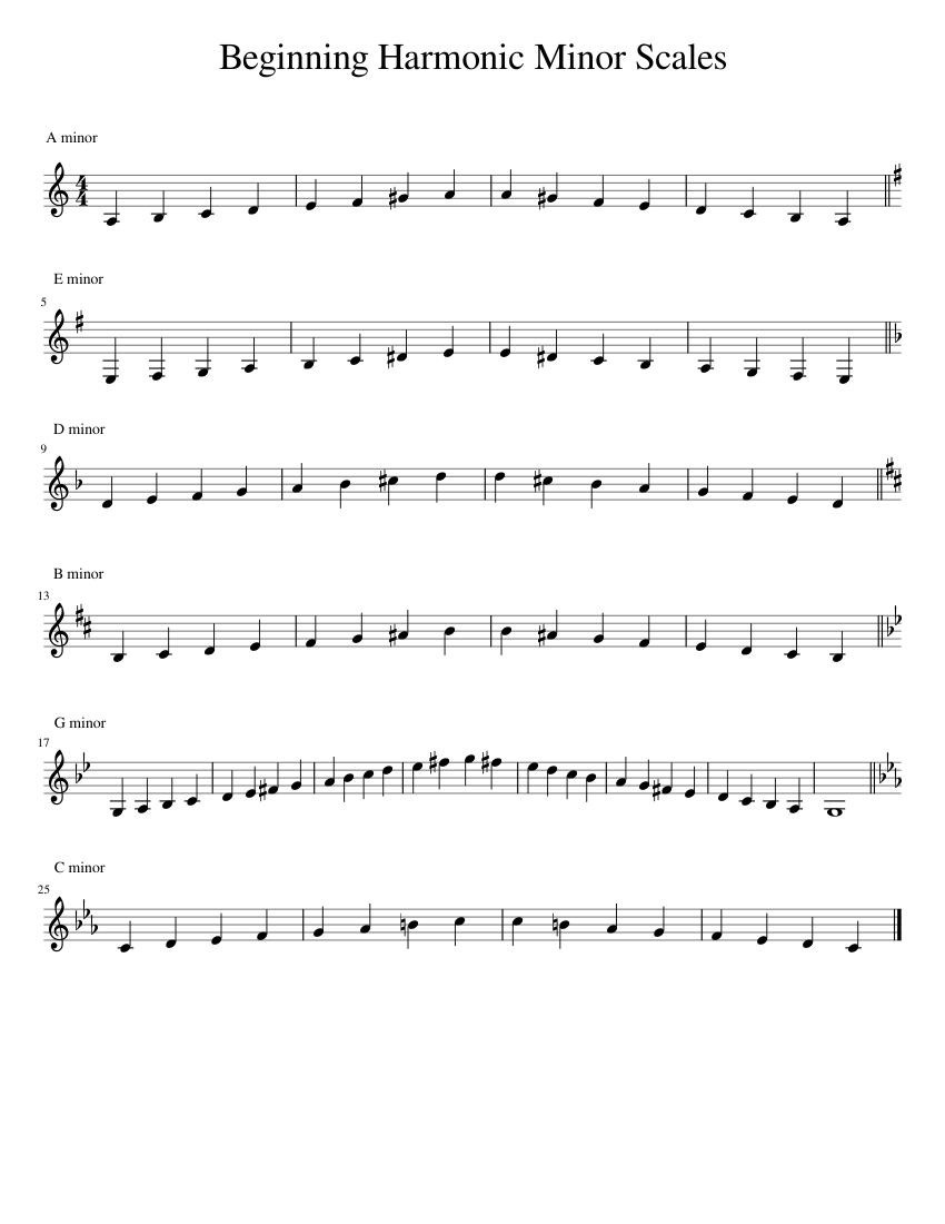 Beginning Harmonic Minor Scales Sheet Music for Piano (Solo) easy ...