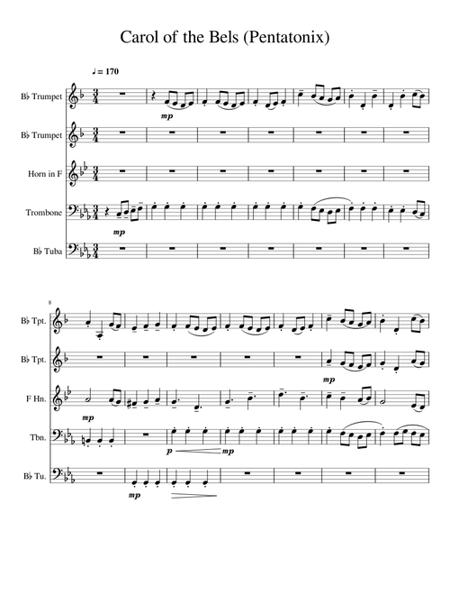 Carol of the Bells (Pentatonix) Brass Quintet