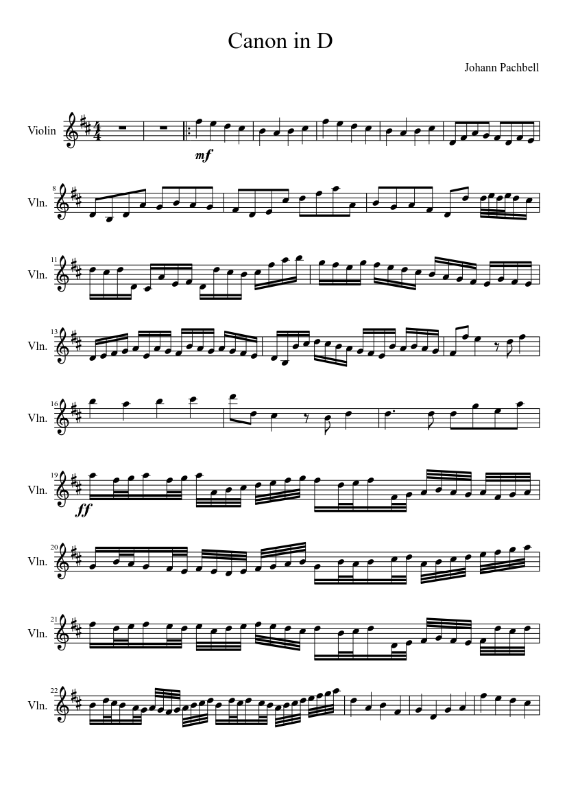 Canon in D Violin ) Sheet music for Violin (Solo) Musescore.com