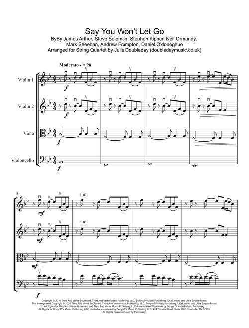 Say You Won't Let Go (Arr. Julie Doubleday) - James Arthur (String Quartet)