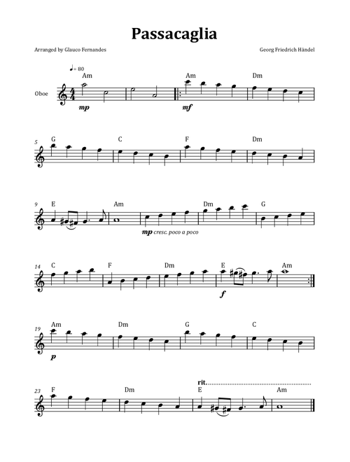 Passacaglia by Handel/Halvorsen - Oboe Solo with Chord Notation (Arr. Glauco Fernandes) - Georg Friedrich Händel (Oboe Solo)