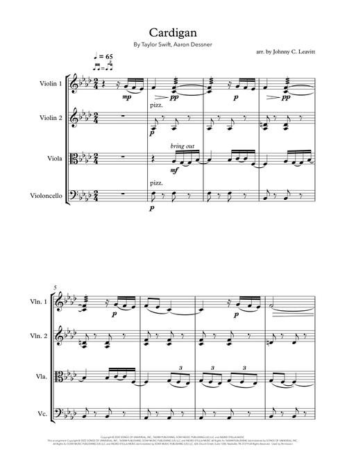 Cardigan (Arr. Johnny C. Leavitt) - Taylor Swift (String Quartet)
