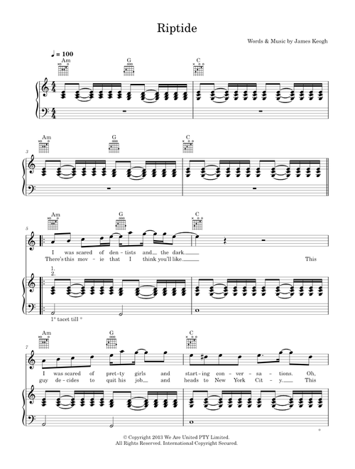 Riptide - Vance Joy (Piano-Vocal-Guitar (Piano Accompaniment))