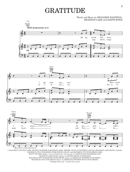 Gratitude - Brandon Lake (Piano-Vocal-Guitar)