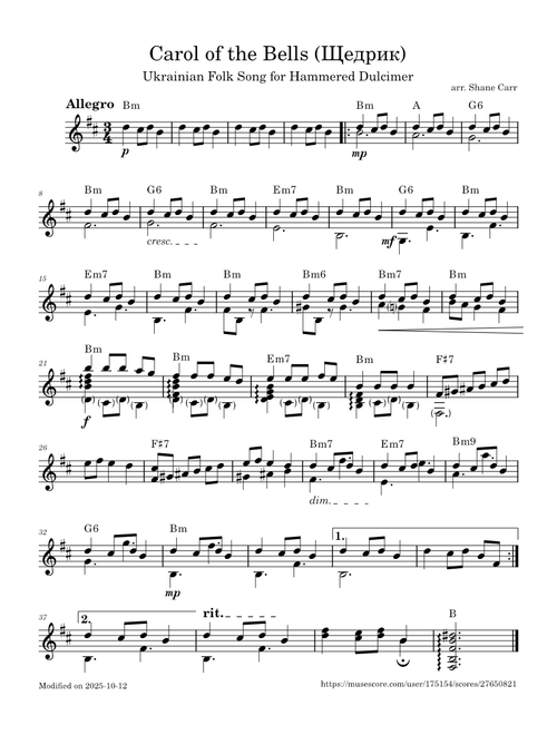 Carol of the Bells (Щедрик) for Hammered Dulcimer