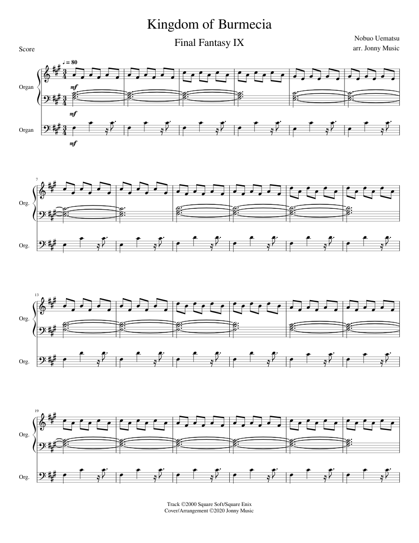 Kingdom of Burmecia (Final Fantasy IX) Organ Cover Sheet Music for