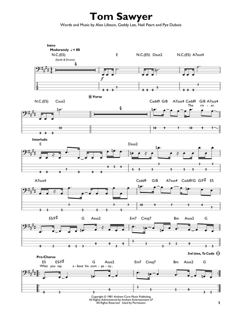 Tom Sawyer - Rush (Easy Bass Tab)