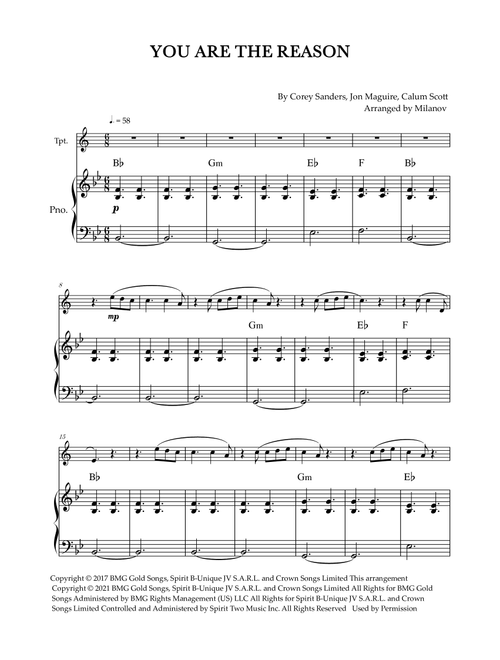 You Are The Reason (Arr. Milanov) - Calum Scott (Trumpet and Piano)