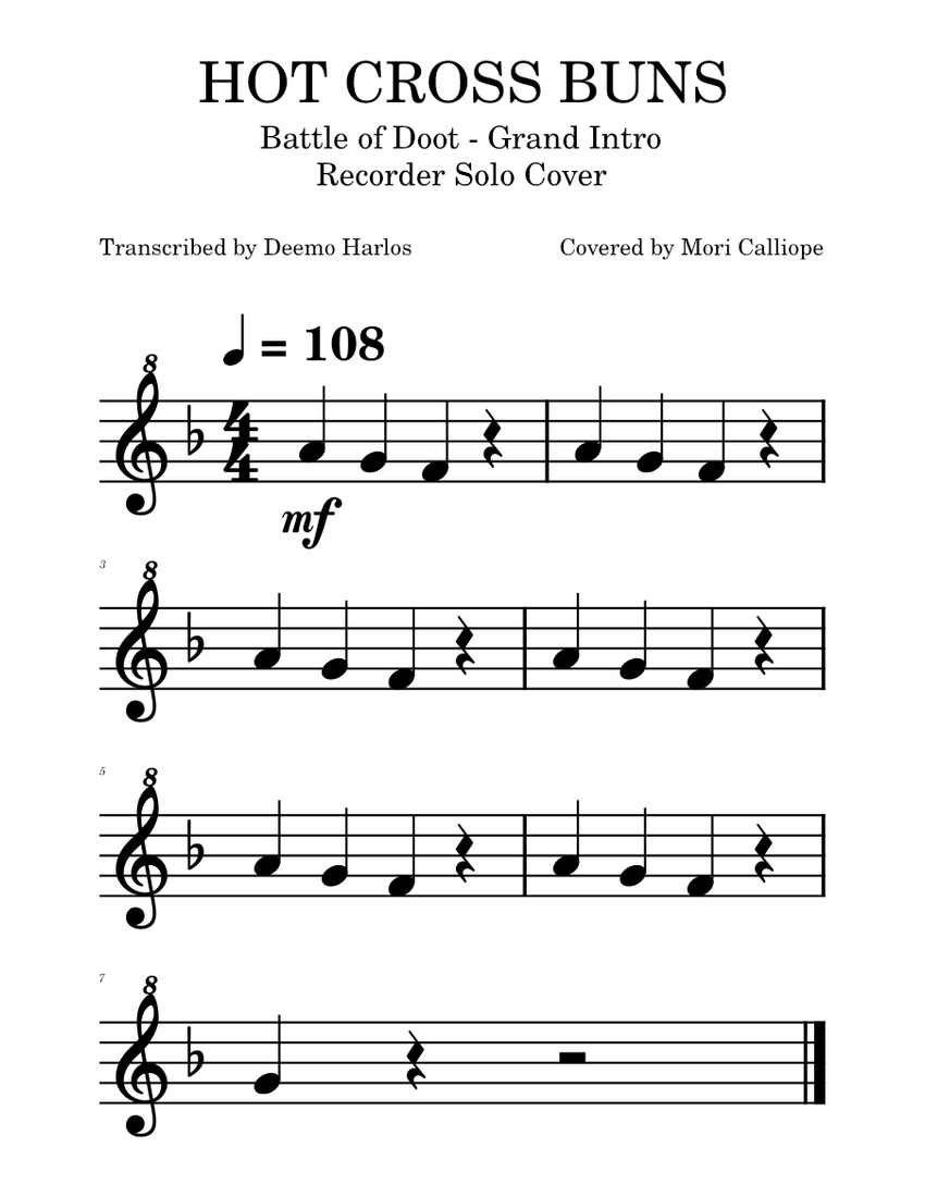 Hot Cross Buns (Recorder Solo Cover by Mori Calliope) Sheet music for
