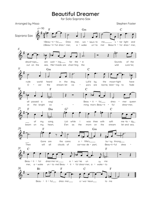Beautiful Dreamer - Solo Soprano Sax in F Major Easy - Lyrics & Chords (Version Tom Roush) (Arr. Misso) (Soprano Sax Solo)